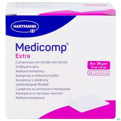 Sie sehen eine Packung Kompressen Medicomp/extra Vliesstoff 6fach Steril 5x 5cm 25x2 50st, Produktbild: 03 Kompressen Medicomp/extra Vliesstoff 6fach Steril 5x 5cm 25x2 50st, A-Nr.: 1652064 - 03