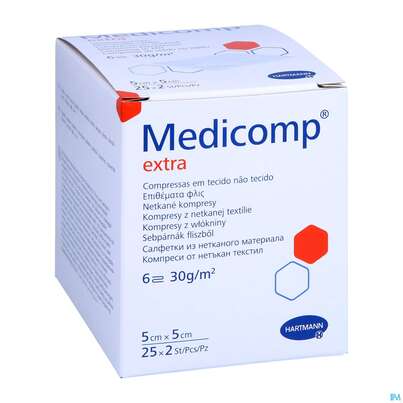 Sie sehen eine Packung Kompressen Medicomp/extra Vliesstoff 6fach Steril 5x 5cm 25x2 50st, Produktbild: 04 Kompressen Medicomp/extra Vliesstoff 6fach Steril 5x 5cm 25x2 50st, A-Nr.: 1652064 - 04