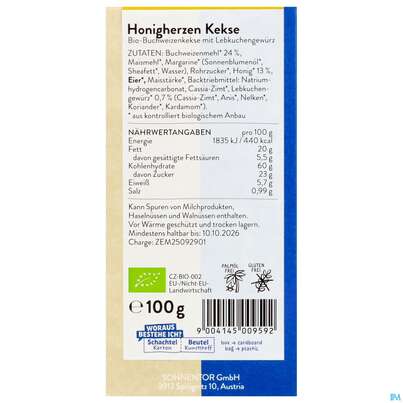 Sie sehen eine Packung Sonnentor Bio Honigherzen 00959 100g, Produktbild: 07 Sonnentor Bio Honigherzen 00959 100g, A-Nr.: 4039476 - 07