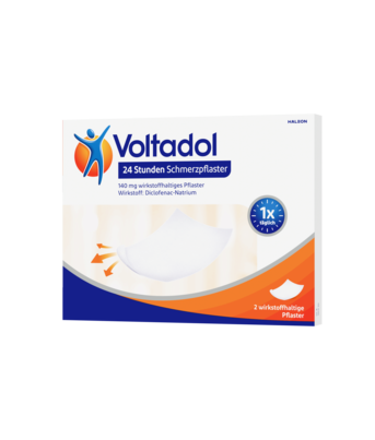 Sie sehen eine Packung Voltadol 24h Schmerzpflaster 2 Stück, Produktbild: 01 Voltadol 24h Schmerzpflaster 2 Stück, A-Nr.: 5534953 - 01