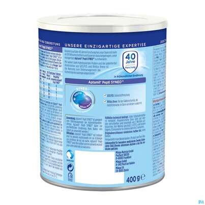 Sie sehen eine Packung Aptamil Spezialnahrung Pepti Syneo 400g, Produktbild: 04 Aptamil Spezialnahrung Pepti Syneo 400g, A-Nr.: 5133711 - 04
