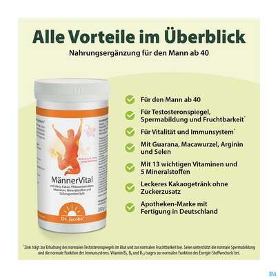 Sie sehen eine Packung Maenner Vital Pulver Dr.jacobs 350g, Produktbild: 03 Maenner Vital Pulver Dr.jacobs 350g, A-Nr.: 3747219 - 03