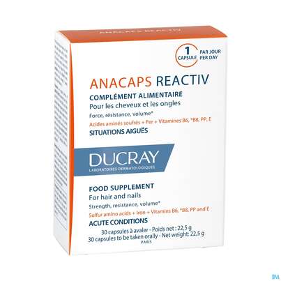 Sie sehen eine Packung Ducray Anacaps F.d.haar Haarausfall Reactiv/neu 30st, Produktbild: 03 Ducray Anacaps F.d.haar Haarausfall Reactiv/neu 30st, A-Nr.: 5684598 - 03