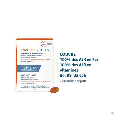 Sie sehen eine Packung Ducray Anacaps F.d.haar Haarausfall Reactiv/neu 30st, Produktbild: 07 Ducray Anacaps F.d.haar Haarausfall Reactiv/neu 30st, A-Nr.: 5684598 - 07
