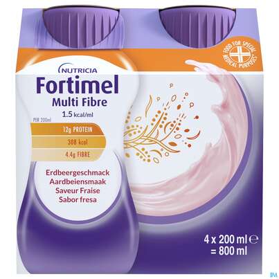 Sie sehen eine Packung Fortimel/multifibre 1,5kcal 200ml Flasche Erdbeer 4st, Produktbild: 03 Fortimel/multifibre 1,5kcal 200ml Flasche Erdbeer 4st, A-Nr.: 3237671 - 03