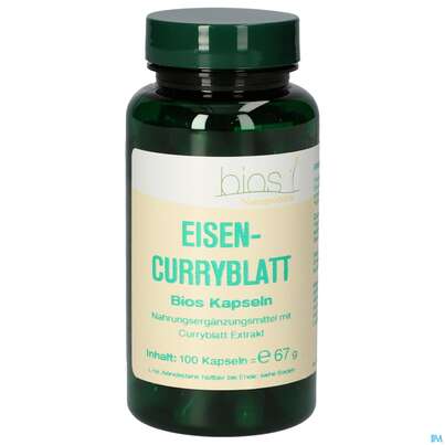 Sie sehen eine Packung Bios Eisen-curryblatt 100 Kapseln, Produktbild: 01 Bios Eisen-curryblatt 100 Kapseln, A-Nr.: 4334063 - 01