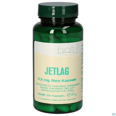 Sie sehen eine Packung Bios Jetlag 0.5mg 100 Kapseln, Produktbild: 01 Bios Jetlag 0.5mg 100 Kapseln, A-Nr.: 4246904 - 01