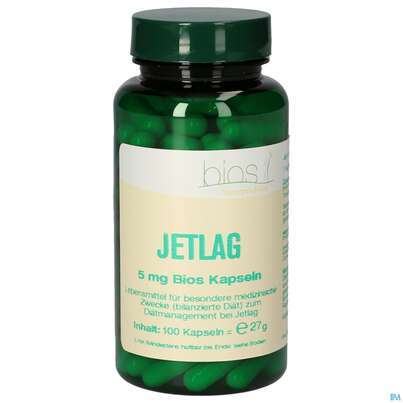 Sie sehen eine Packung Bios Jetlag 5mg 100 Kapseln, Produktbild: 01 Bios Jetlag 5mg 100 Kapseln, A-Nr.: 4246979 - 01