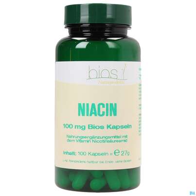Sie sehen eine Packung Bios Niacin 100mg 100 Kapseln, Produktbild: 01 Bios Niacin 100mg 100 Kapseln, A-Nr.: 4089043 - 01