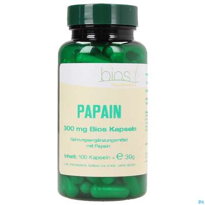 Sie sehen eine Packung Bios Papain 300mg 100 Kapseln, Produktbild: 01 Bios Papain 300mg 100 Kapseln, A-Nr.: 4078795 - 01