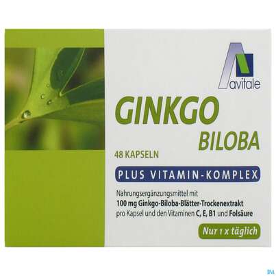 Sie sehen eine Packung Ginkgo Kapseln 100mg +b1+c+e Avi 48st, Produktbild: 01 Ginkgo Kapseln 100mg +b1+c+e Avi 48st, A-Nr.: 3831256 - 01