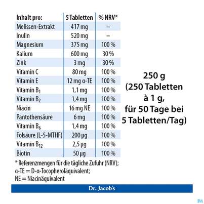 Sie sehen eine Packung Melissen Basen Tabl Dr.jacobs 250st, Produktbild: 07 Melissen Basen Tabl Dr.jacobs 250st, A-Nr.: 3476826 - 07