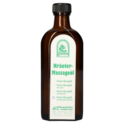 Sie sehen eine Packung KRAEUTERMASSAGEOEL + TEEBAUMOEL EXTST. ST. SEVERIN 250ML, Produktbild: 01 KRAEUTERMASSAGEOEL + TEEBAUMOEL EXTST. ST. SEVERIN 250ML, A-Nr.: 1807360 - 01