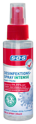 Sie sehen eine Packung SOS Desinfektions- INTENSE SPRAY 100ML, Produktbild: 01 SOS Desinfektions- INTENSE SPRAY 100ML, A-Nr.: 6147448 - 01