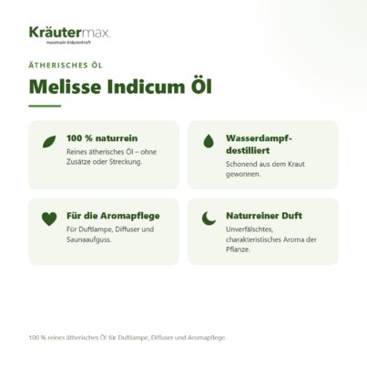 Sie sehen eine Packung Melisse Indicum Öl 10 ml, Produktbild: 02 Melisse Indicum Öl 10 ml, A-Nr.: 4318785 - 02