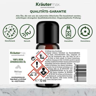 Sie sehen eine Packung Melisse Indicum Öl 10 ml, Produktbild: 06 Melisse Indicum Öl 10 ml, A-Nr.: 4318785 - 06