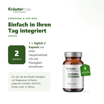 Sie sehen eine Packung Baldrian plus Kapseln 60 Stück, Produktbild: 04 Baldrian plus Kapseln 60 Stück, A-Nr.: 4318420 - 04