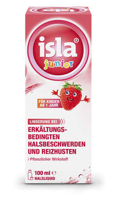 Sie sehen eine Packung isla® junior Halsliquid, Produktbild: 01 isla® junior Halsliquid, A-Nr.: 6036855 - 01