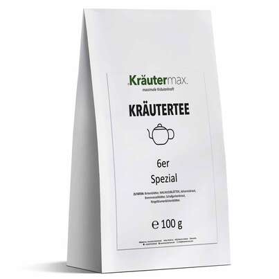 Sie sehen eine Packung 6er Spezial Tee Kräutertee Mischung 100 g, Produktbild: 01 6er Spezial Tee Kräutertee Mischung 100 g, A-Nr.: 6017102 - 01