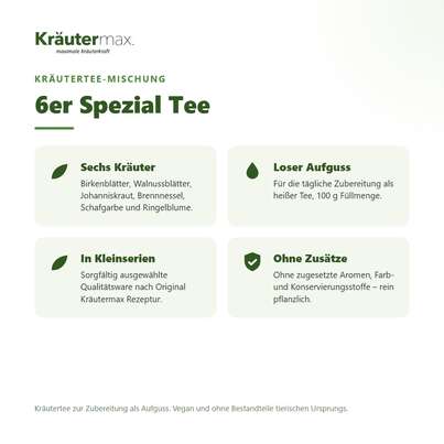 Sie sehen eine Packung 6er Spezial Tee Kräutertee Mischung 100 g, Produktbild: 02 6er Spezial Tee Kräutertee Mischung 100 g, A-Nr.: 6017102 - 02
