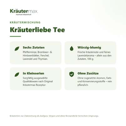 Sie sehen eine Packung Kräuterliebe Tee 100 g, Produktbild: 02 Kräuterliebe Tee 100 g, A-Nr.: 6017527 - 02