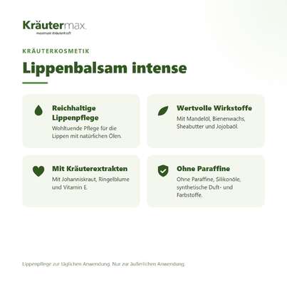 Sie sehen eine Packung Lippenbalsam intense 15 ml, Produktbild: 02 Lippenbalsam intense 15 ml, A-Nr.: 5921621 - 02