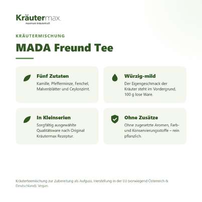 Sie sehen eine Packung MADA Freund Tee 100 g, Produktbild: 02 MADA Freund Tee 100 g, A-Nr.: 4609034 - 02