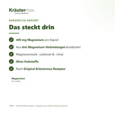 Sie sehen eine Packung Magnesium 400 mg Kapseln 50 Stück, Produktbild: 03 Magnesium 400 mg Kapseln 50 Stück, A-Nr.: 4347516 - 03