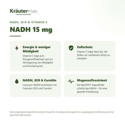 Sie sehen eine Packung NADH 15 mg Kapseln 60 Stück, Produktbild: 02 NADH 15 mg Kapseln 60 Stück, A-Nr.: 5942126 - 02