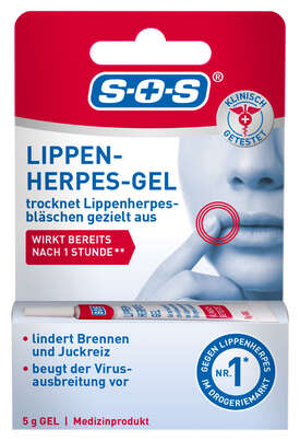 Sie sehen eine Packung SOS Lippenherpes Gel 5G, Produktbild: 01 SOS Lippenherpes Gel 5G, A-Nr.: 6147425 - 01