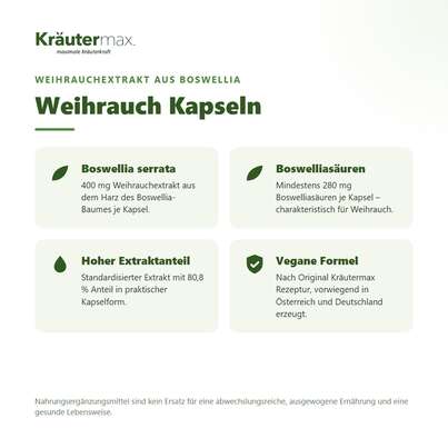 Sie sehen eine Packung Weihrauch Kapseln 60 Stück, Produktbild: 02 Weihrauch Kapseln 60 Stück, A-Nr.: 4318472 - 02