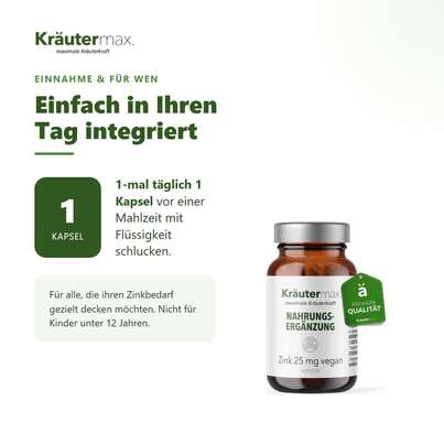 Sie sehen eine Packung Zink 25 mg Kapseln 60 Stück, Produktbild: 04 Zink 25 mg Kapseln 60 Stück, A-Nr.: 5414249 - 04