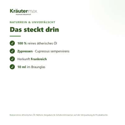 Sie sehen eine Packung Zypressen Öl 10 ml, Produktbild: 03 Zypressen Öl 10 ml, A-Nr.: 5858911 - 03