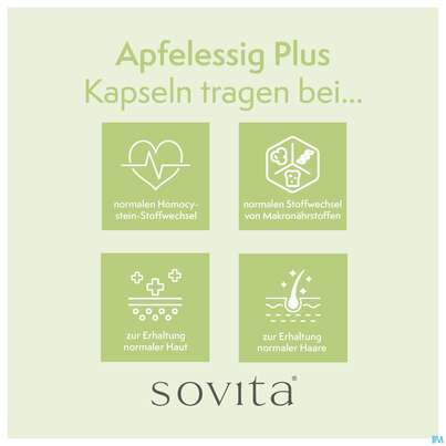 Sie sehen eine Packung Apfelessig Plus Kapseln Sovita 90st, Produktbild: 10 Apfelessig Plus Kapseln Sovita 90st, A-Nr.: 3862966 - 10
