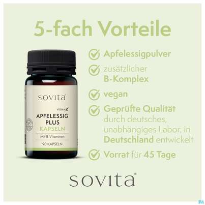 Sie sehen eine Packung Apfelessig Plus Kapseln Sovita 90st, Produktbild: 14 Apfelessig Plus Kapseln Sovita 90st, A-Nr.: 3862966 - 14