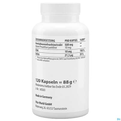 Aronia Extrakt 500mg Kapseln Vegan Vita World 120st, A-Nr.: 4836043 - 03