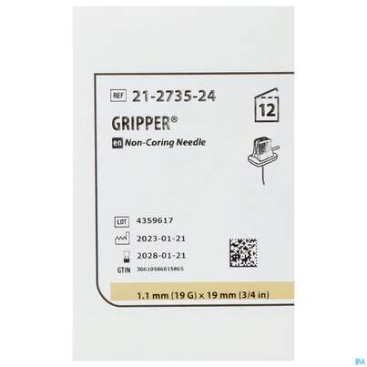 Sie sehen eine Packung Injektionsspritzen U.zubeh. Portnadel Gripper 19gx19mm 21-27 12st, Produktbild: 01 Injektionsspritzen U.zubeh. Portnadel Gripper 19gx19mm 21-27 12st, A-Nr.: 1780402 - 01