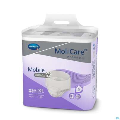 Sie sehen eine Packung Inkontinenz Molicare Premium/mobile/8 Tropfen Lila Xl 130-170 14st, Produktbild: 01 Inkontinenz Molicare Premium/mobile/8 Tropfen Lila Xl 130-170 14st, A-Nr.: 4176061 - 01