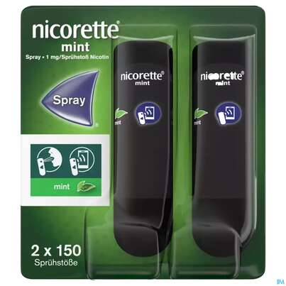 Sie sehen eine Packung Nicorette Spray 1mg/spruehstoss Z.anw.i.d.mundhoehle lösung Mint 2st, Produktbild: 02 Nicorette Spray 1mg/spruehstoss Z.anw.i.d.mundhoehle lösung Mint 2st, A-Nr.: 3916142 - 02