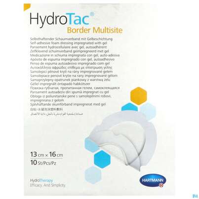 Sie sehen eine Packung Schaumverband Hydrotac Border Multisite 13x16cm 10st, Produktbild: 01 Schaumverband Hydrotac Border Multisite 13x16cm 10st, A-Nr.: 5310515 - 01