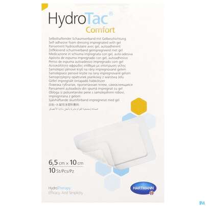 Sie sehen eine Packung Schaumverband Hydrotac Comfort 6,5x 10cm 10st, Produktbild: 01 Schaumverband Hydrotac Comfort 6,5x 10cm 10st, A-Nr.: 4134016 - 01