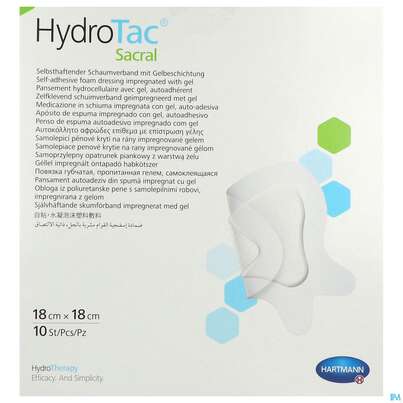 Sie sehen eine Packung Schaumverband Hydrotac Sacral 18x 18cm 10st, Produktbild: 01 Schaumverband Hydrotac Sacral 18x 18cm 10st, A-Nr.: 4134074 - 01