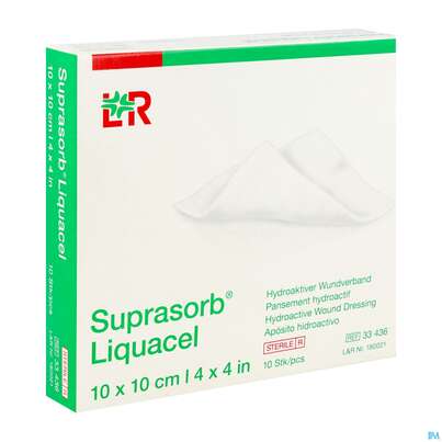 Sie sehen eine Packung Suprasorb/liquacel Kompresse 10x 10cm 10st, Produktbild: 02 Suprasorb/liquacel Kompresse 10x 10cm 10st, A-Nr.: 4080993 - 02