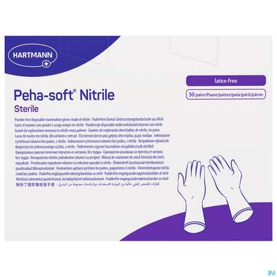 Sie sehen eine Packung Untersuchungshandschuhe Peha/soft/puderfrei Nitrile Sterile M 100st, Produktbild: 01 Untersuchungshandschuhe Peha/soft/puderfrei Nitrile Sterile M 100st, A-Nr.: 3997608 - 01