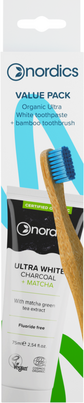 Sie sehen eine Packung Nordics Bio Zahnpasta Ultra White + Öko Zahnbürste Bambus Blau, Produktbild: 01 Nordics Bio Zahnpasta Ultra White + Öko Zahnbürste Bambus Blau, A-Nr.: 5666784 - 01
