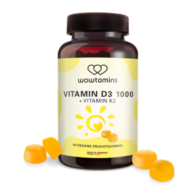 Sie sehen eine Packung wowtamins VITAMIN D3 + VITAMIN K2 Fruchtgummis, Produktbild: 01 wowtamins VITAMIN D3 + VITAMIN K2 Fruchtgummis, A-Nr.: 5770369 - 01