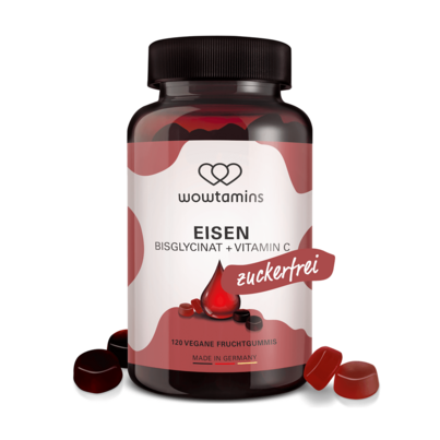 Sie sehen eine Packung wowtamins EISEN BISGLYCINAT zuckerfrei Fruchtgummi, Produktbild: 01 wowtamins EISEN BISGLYCINAT zuckerfrei Fruchtgummi, A-Nr.: 5770381 - 01