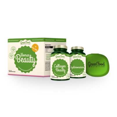 Sie sehen eine Packung GreenFood Nutrition Woman Beauty + Pillbox ( Collagen + Hyaluronsäure ), Produktbild: 01 GreenFood Nutrition Woman Beauty + Pillbox ( Collagen + Hyaluronsäure ), A-Nr.: 5634979 - 01