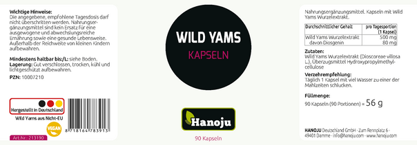 Hanoju Wild Yams Wurzel Extrakt Kapseln 500mg, A-Nr.: 4385445 - 02