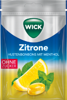 Sie sehen eine Packung WICK ZITRONE & MENTHOL zfr. 72g, Btl., Produktbild: 01 WICK ZITRONE & MENTHOL zfr. 72g, Btl., A-Nr.: 4078890 - 01
